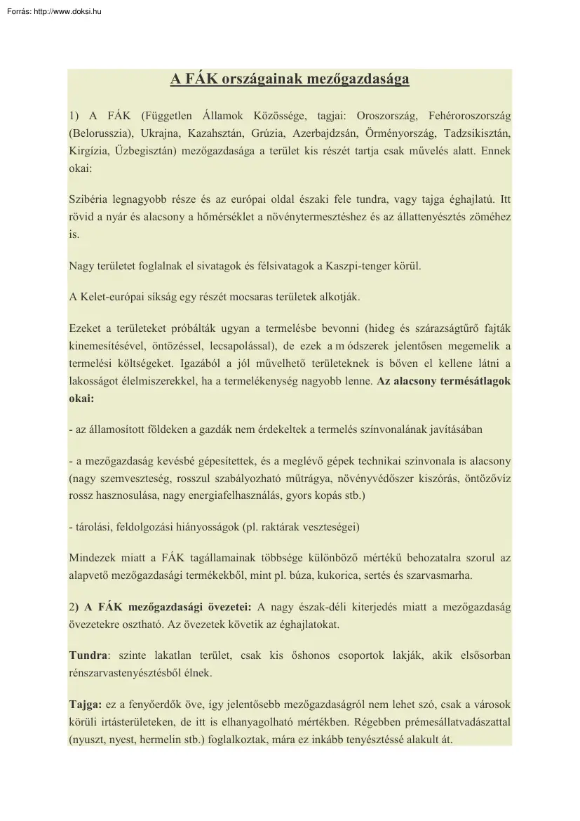 A FÁK országainak mezőgazdasága