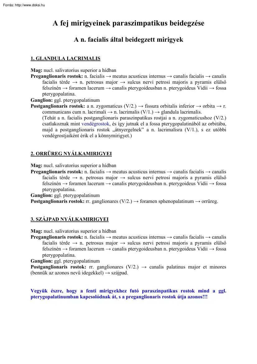 A fej mirigyeinek paraszimpatikus beidegződése