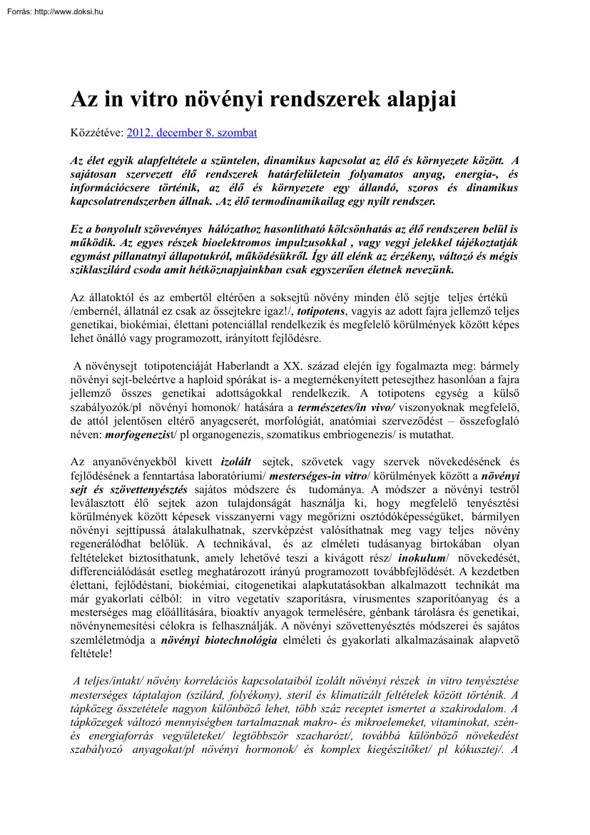 Az in vitro növényi rendszerek alapjai