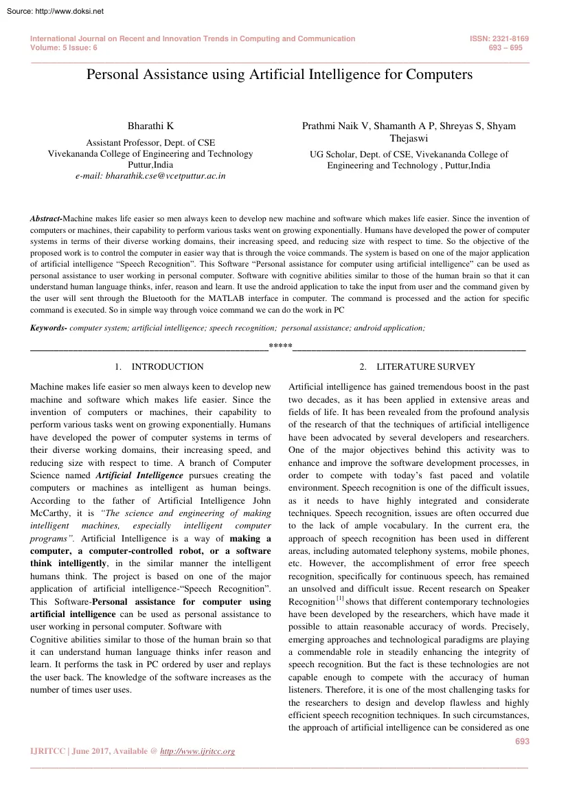 Bharathi-Naik-Shamanth - Personal Assistance using Artificial Intelligence for Computers