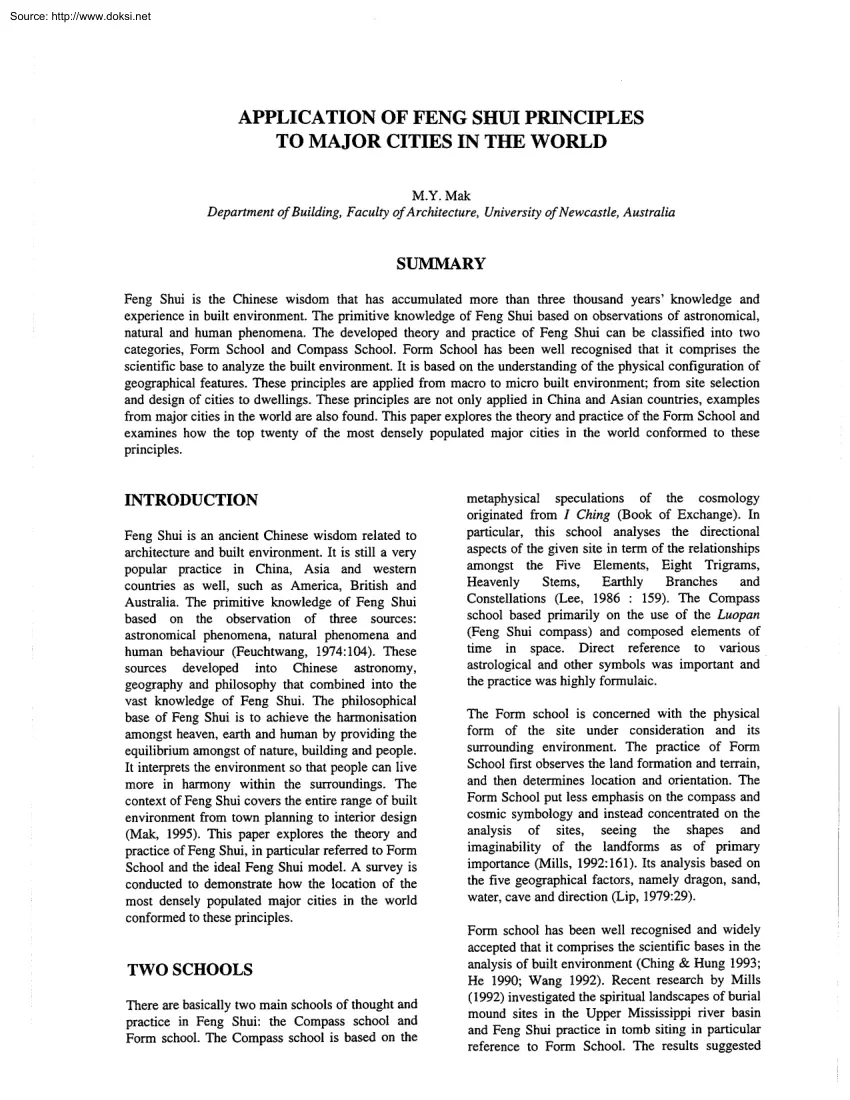 M. Y. Mak - Application of Feng Shui Principles to Major Cities in the World