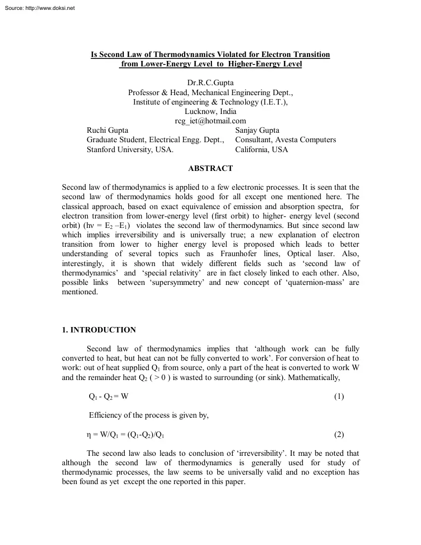 Dr. R. C. Gupta - Is Second Law of Thermodynamics Violated for Electron Transition from Lower