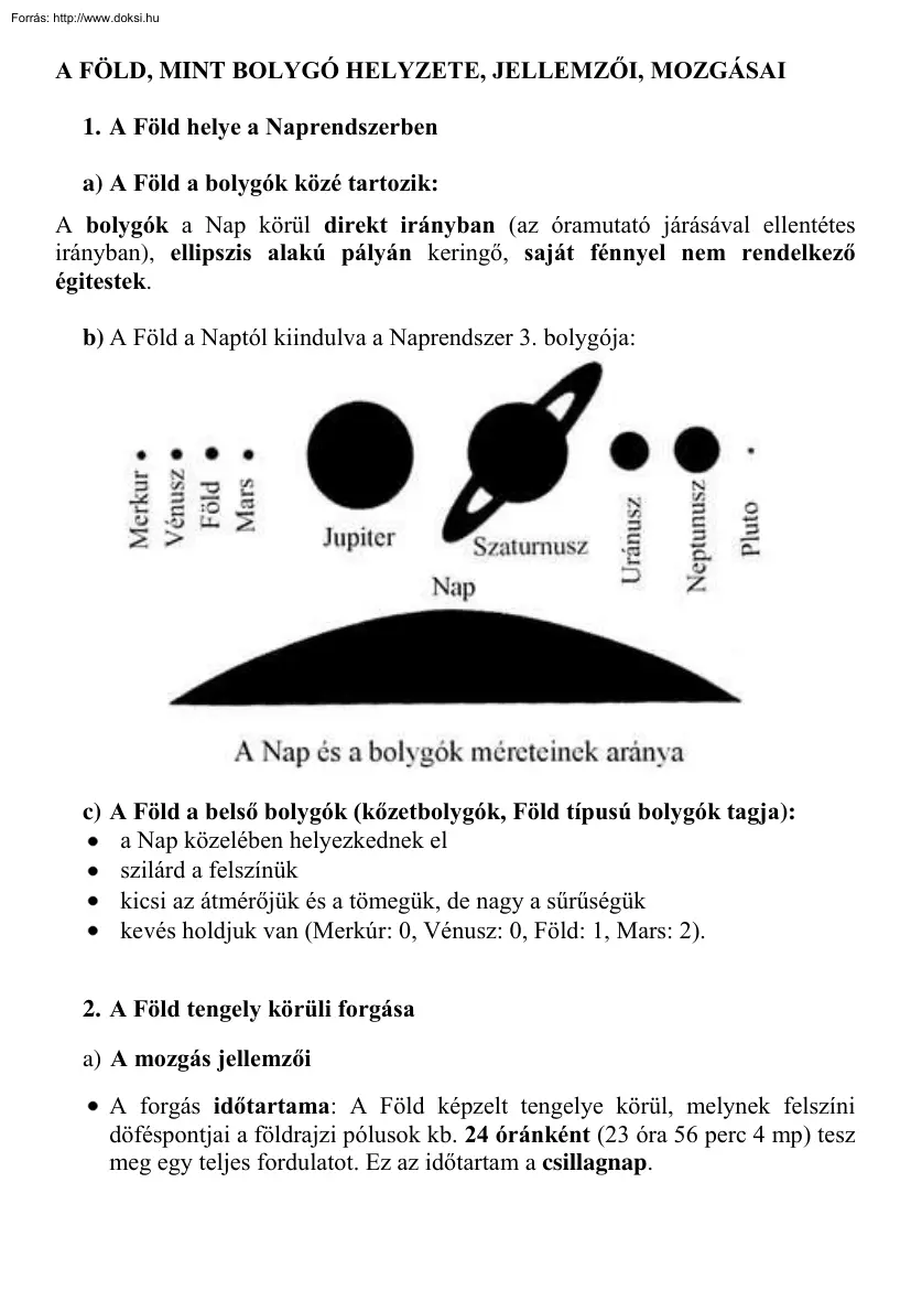 A Föld, mint bolygó helyzete, jellemzői, mozgásai