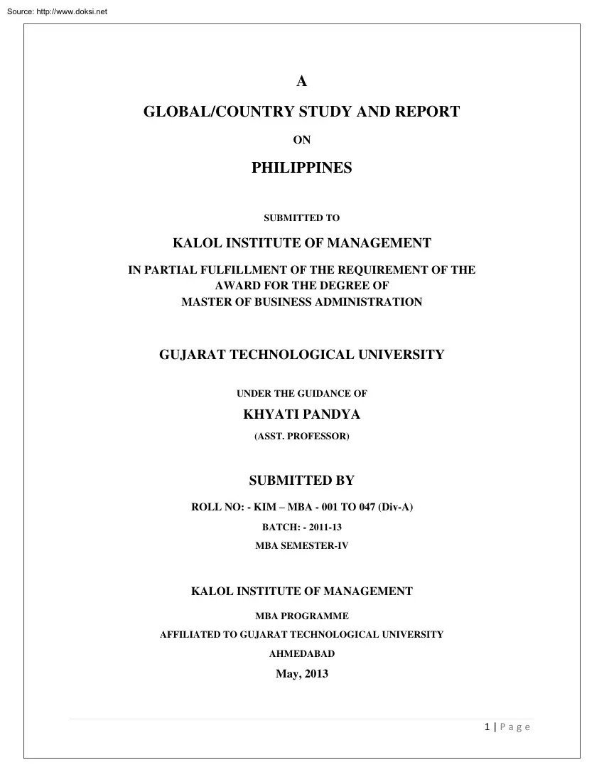 A Global, Country Study and Report on Philippines
