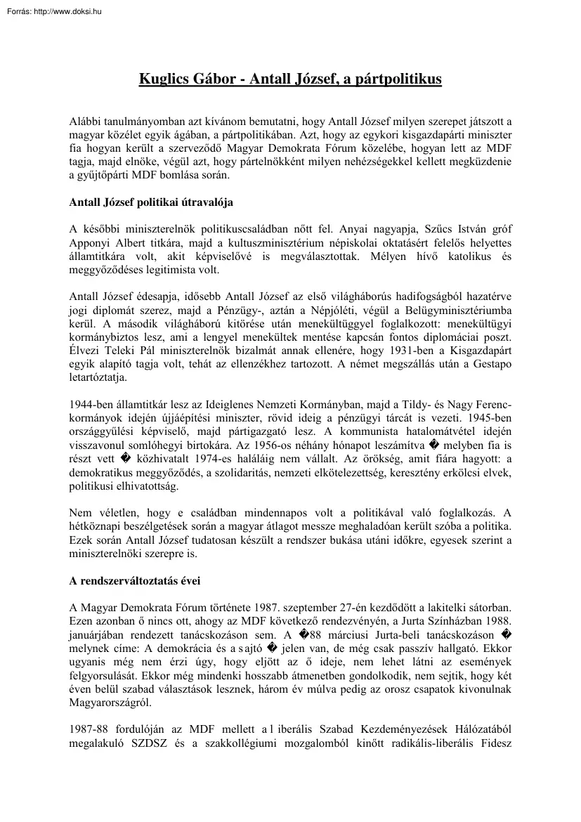 Kuglics Gábor - Antall József, a pártpolitikus