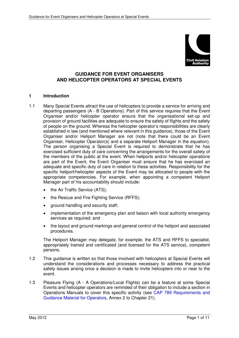 Guidance for Event Organisers and Helicopter Operators at Special Events