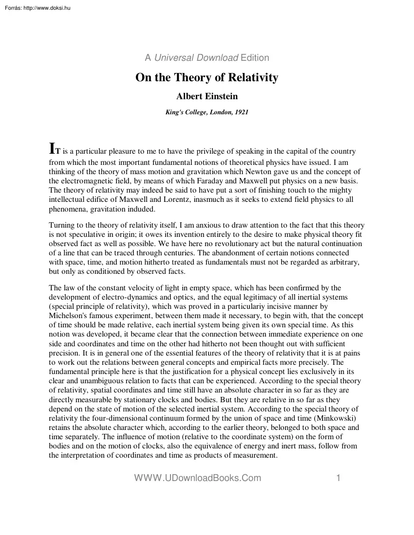 Albert Einstein - On The Theory Of Relativity
