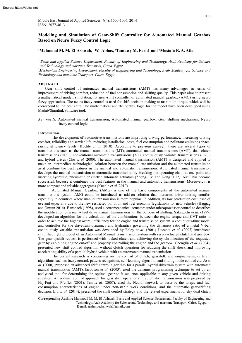 Ashwah-Farid-Atia - Modeling and Simulation of Gear-Shift Controller for Automated Manual Gearbox