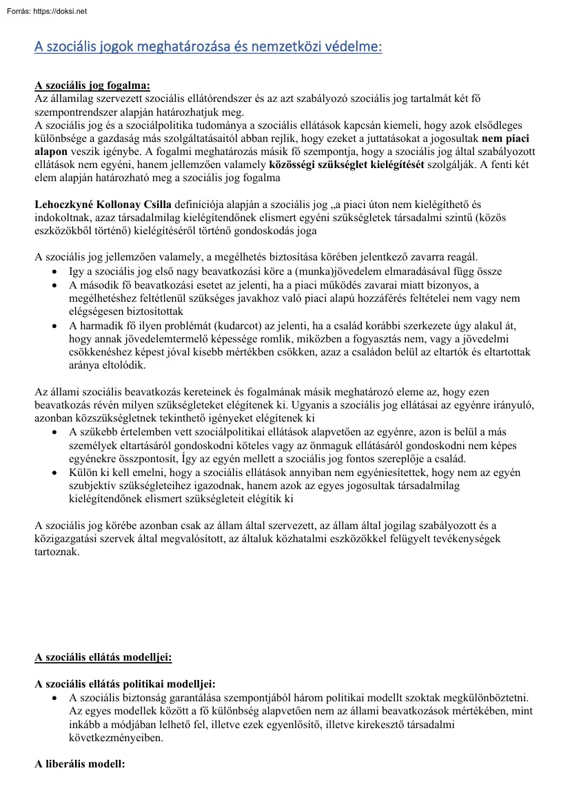 A szociális jogok meghatározása és nemzetközi védelme