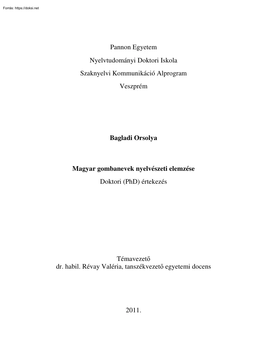 Bagladi Orsolya - Magyar gombanevek nyelvészeti elemzése