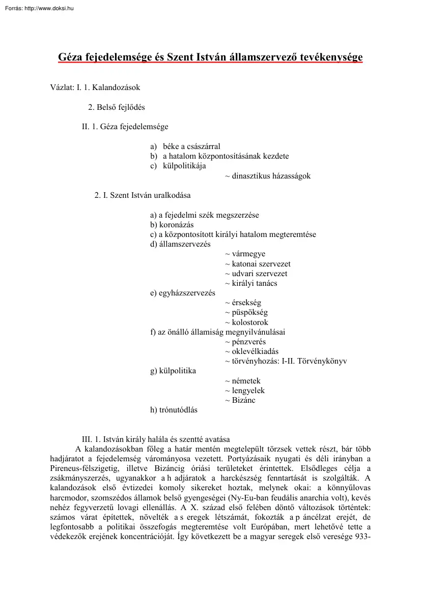 Géza fejedelemsége és Szent István államszervező tevékenysége