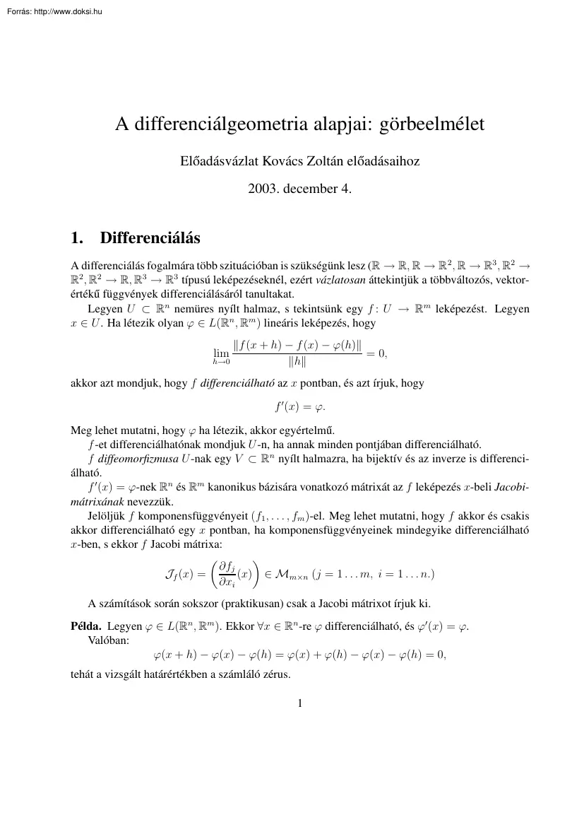 A differenciálgeometria alapjai, görbeelmélet