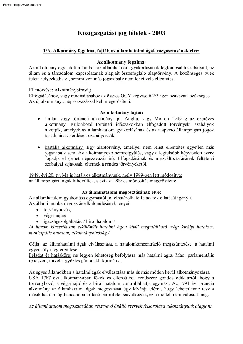 Közigazgatási jog tételek, 2003