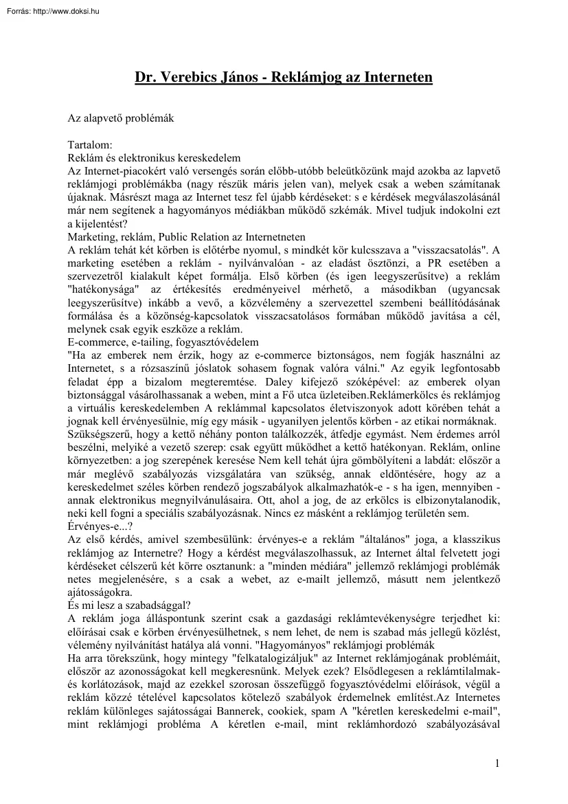 Dr. Verebics János - Reklámjog az Interneten
