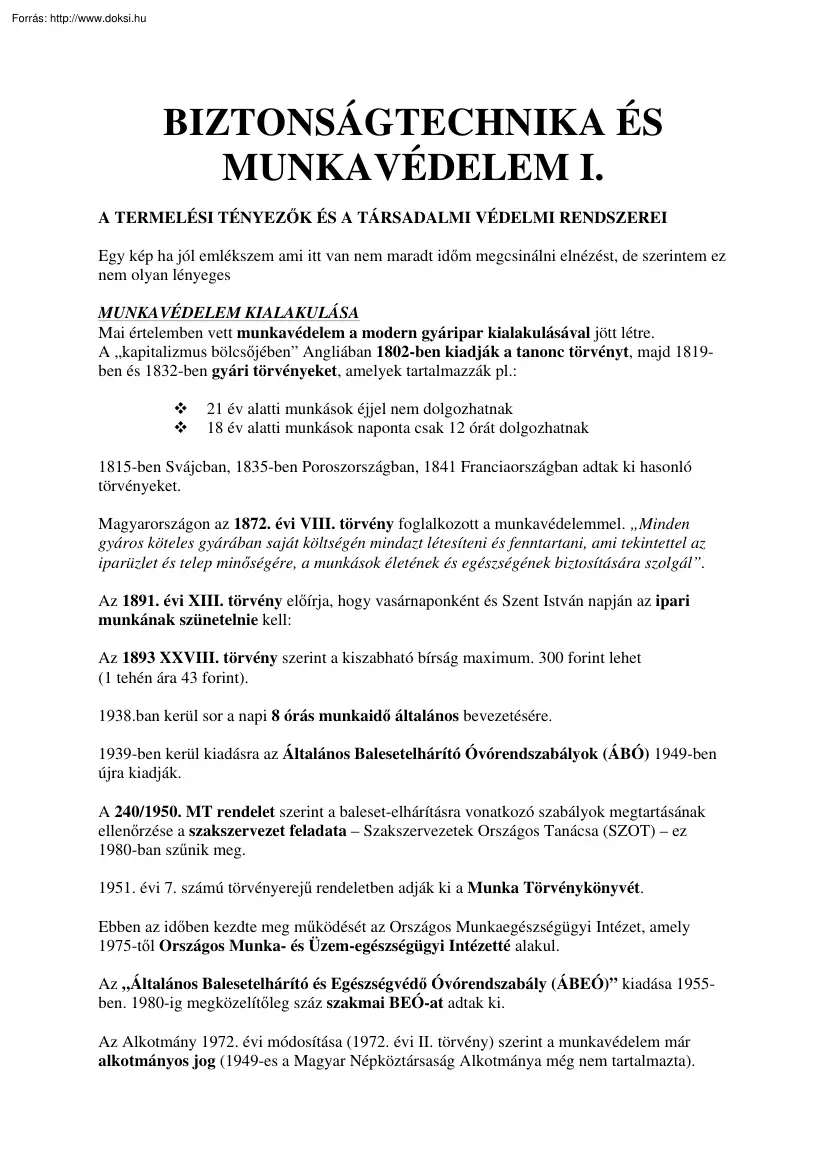 Biztonságtechnika és munkavédelem I