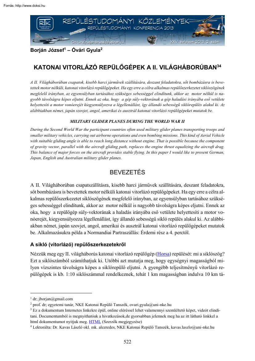 Borján-Óvári - Katonai vitorlázó repülőgépek a II. Világháborúban