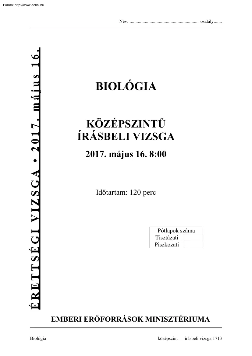 Biológia közép szintű írásbeli érettségi vizsga, megoldással, 2017