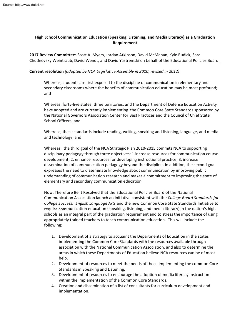 High School Communication Education as a Graduation Requirement