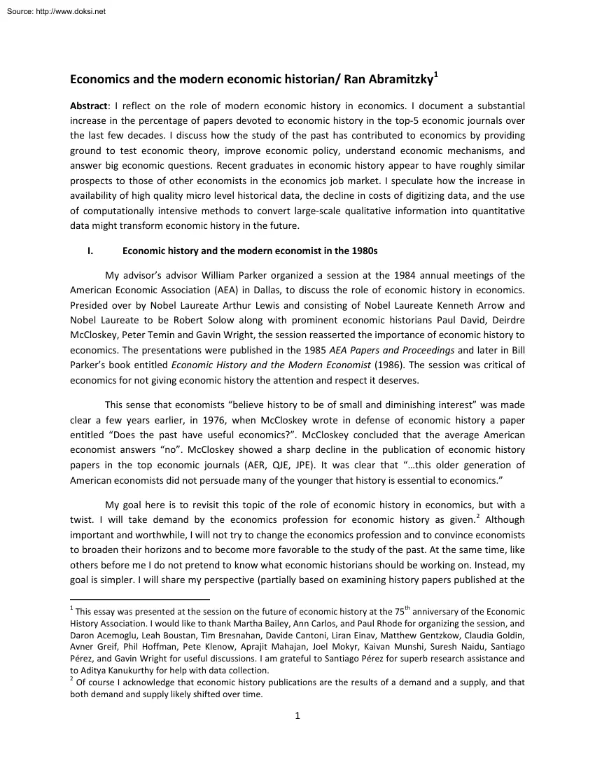 Ran Abramitzky - Economics and the Modern Economic Historian