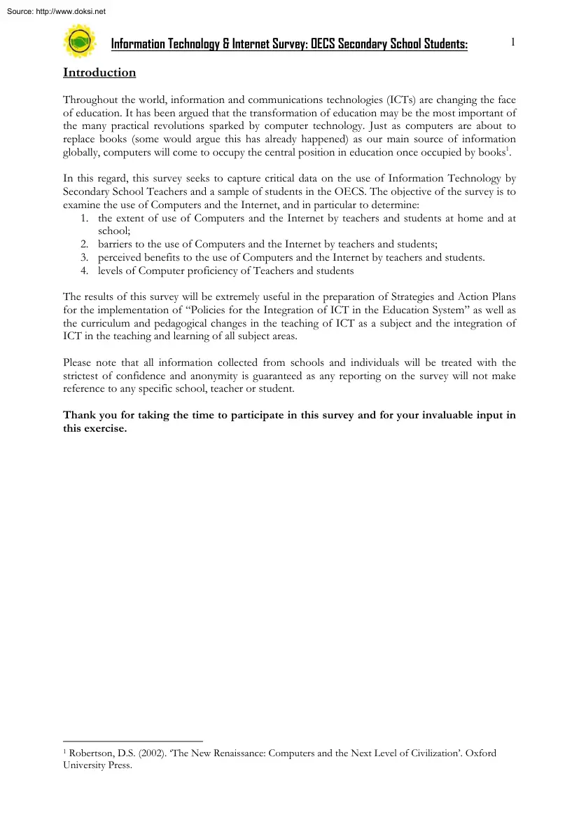 Information Technology and Internet Survey, OECS Secondary School Students