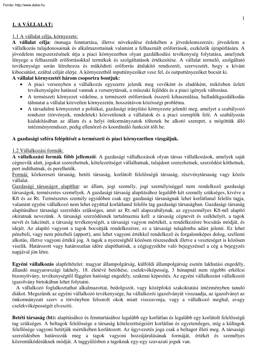 Fábián Zoltán - Vállalatgazdaságtan I. összefoglaló