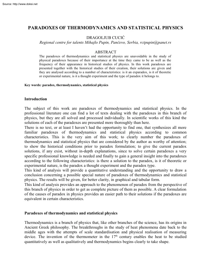 Dragoljub Cucic - Paradoxes of Thermodynamics and Statistical Physics