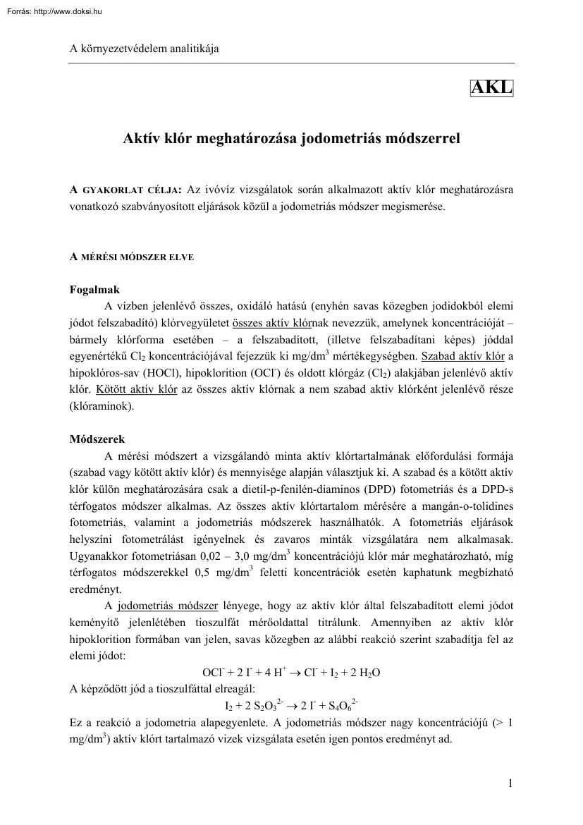 Wittmann Gyula - Aktív klór meghatározása jodometriás módszerrel