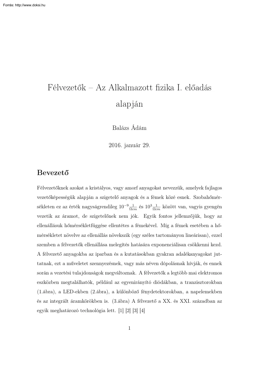 Balázs Ádám - Félvezetők, Az Alkalmazott fizika I. előadás alapján