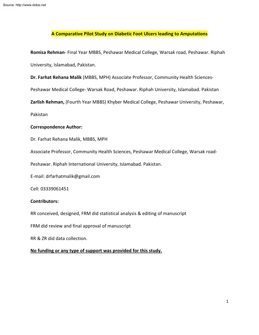 A Comparative Pilot Study on Diabetic Foot Ulcers Leading to Amputations