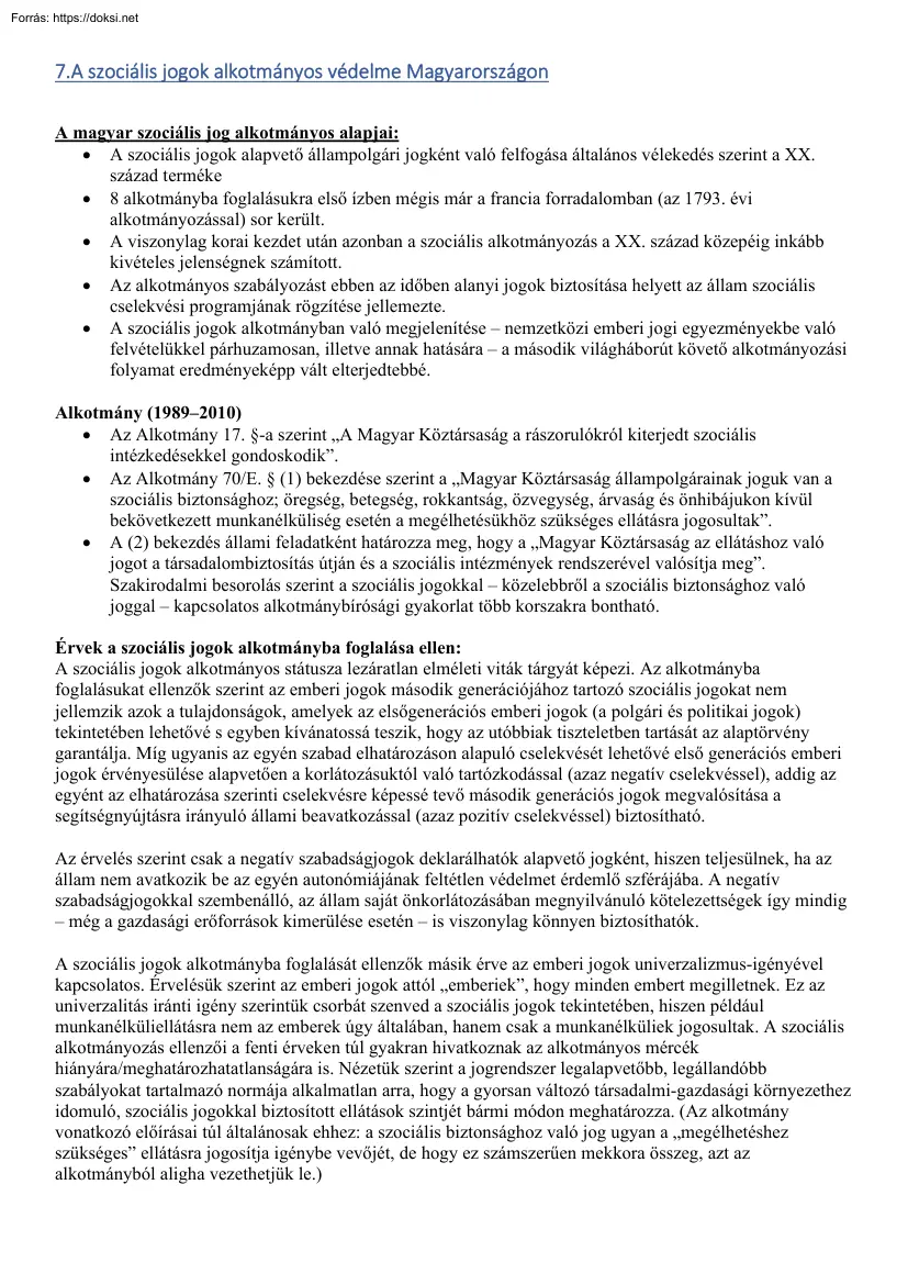 A szociális jogok alkotmányos védelme Magyarországon