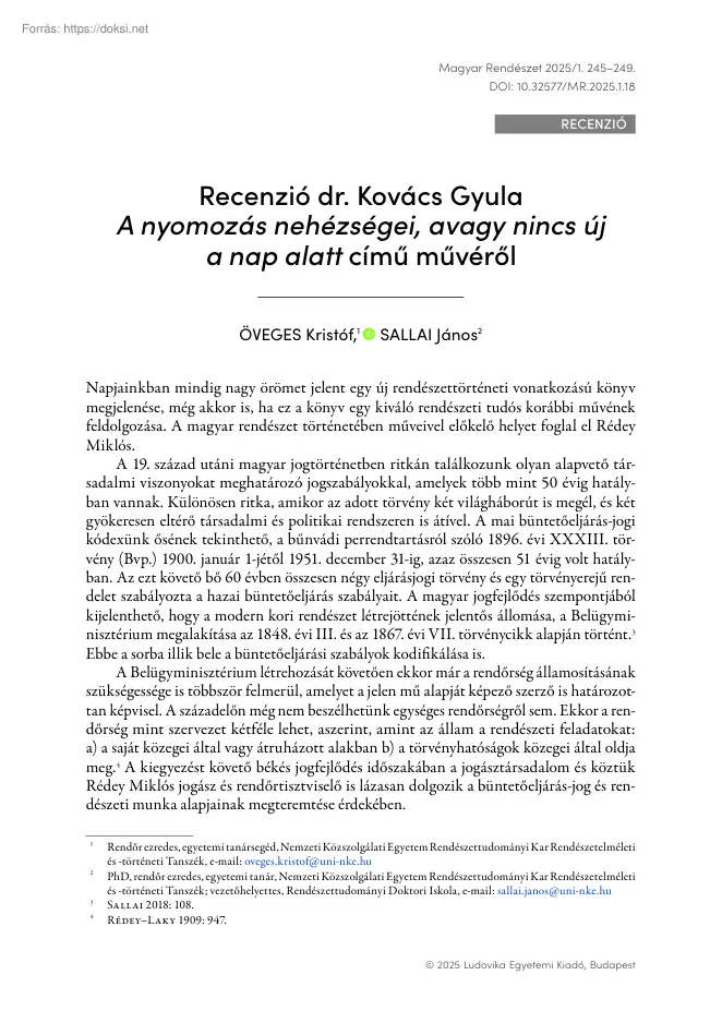 Öveges Kristóf - Recenzió dr. Kovács Gyula, A Nyomozás nehézségei, avagy nincs új a nap