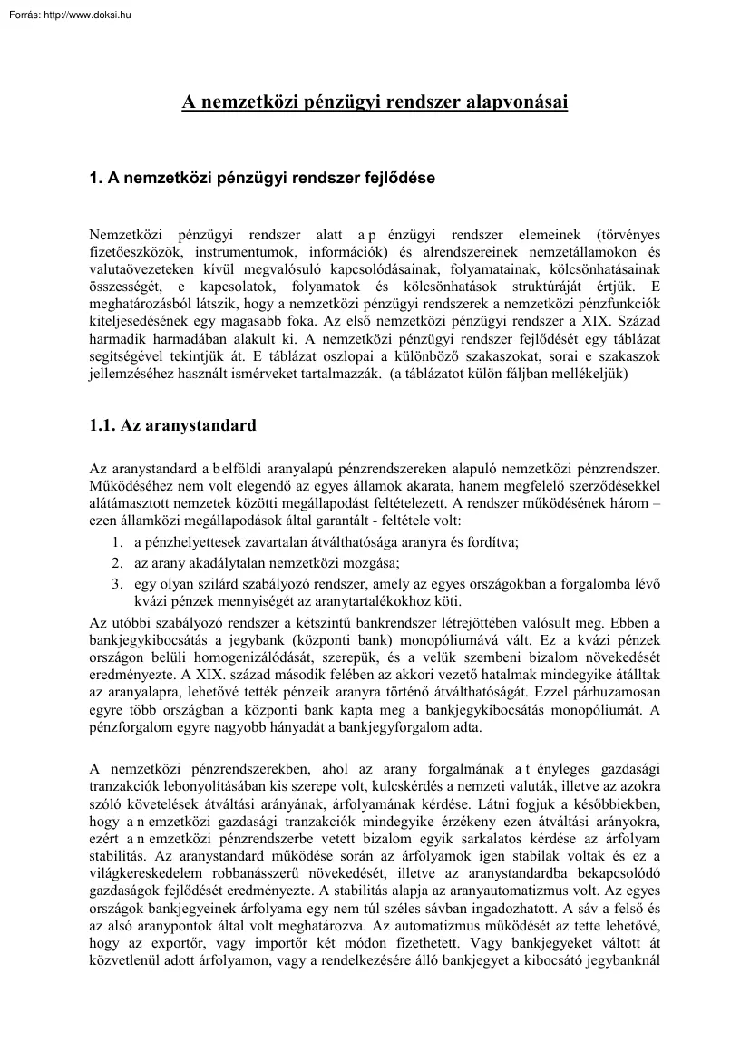 A nemzetközi pénzügyi rendszer alapvonásai
