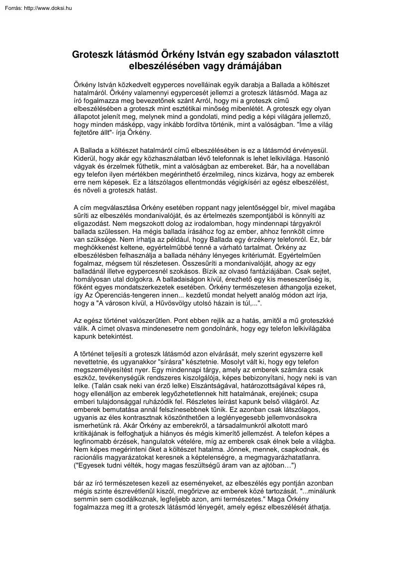 Groteszk látásmód Örkény István egy szabadon választott elbeszélésében, vagy