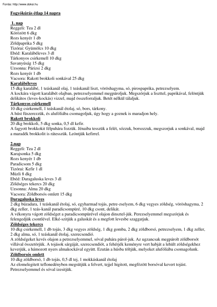 Fogyókúrás étlap 14 napra