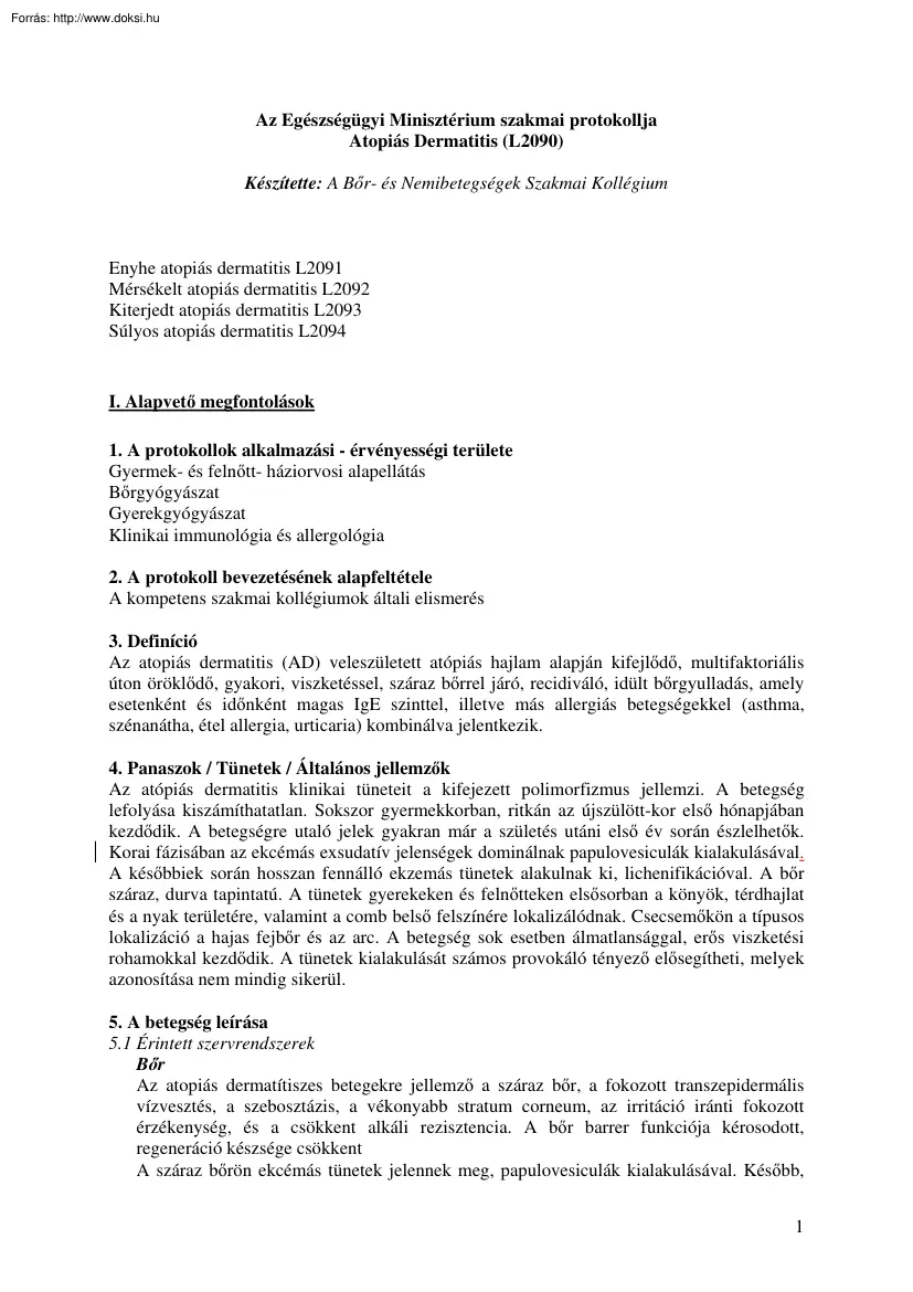 Az Egészségügyi Minisztérium szakmai protokollja, Atopiás Dermatitis