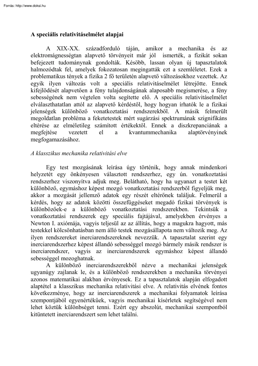 A speciális relativitáselmélet alapjai