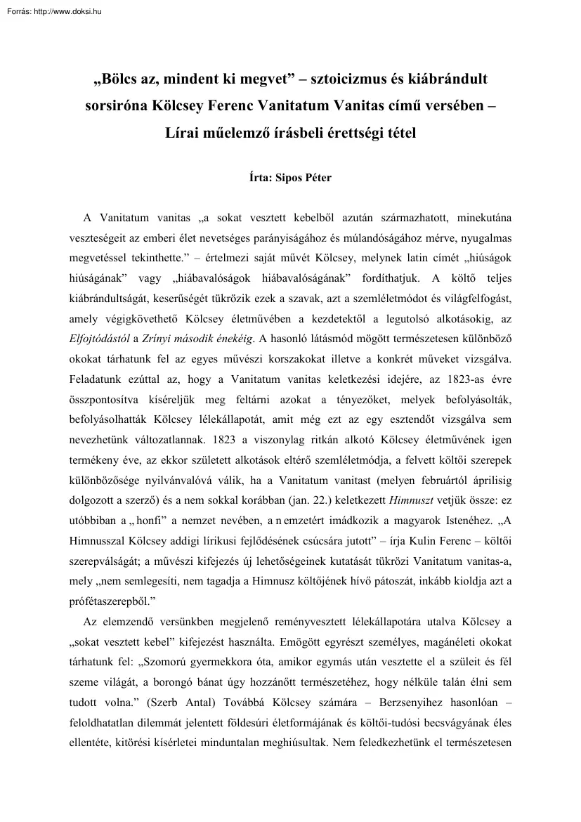 Sipos Péter - Sztoicizmus és kiábrándult sorsirónia Kölcsey Ferenc Vanitatum Vanitas című