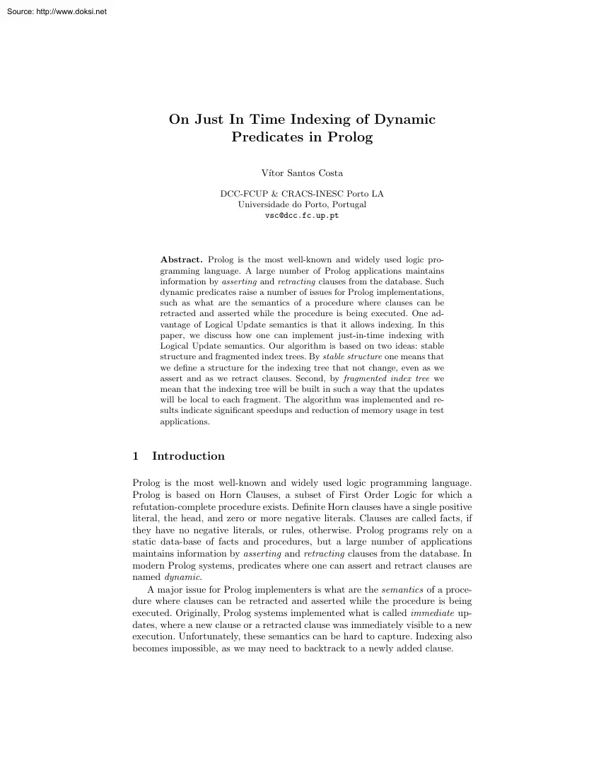 Vítor Santos Costa - On Just In Time Indexing of Dynamic Predicates in Prolog