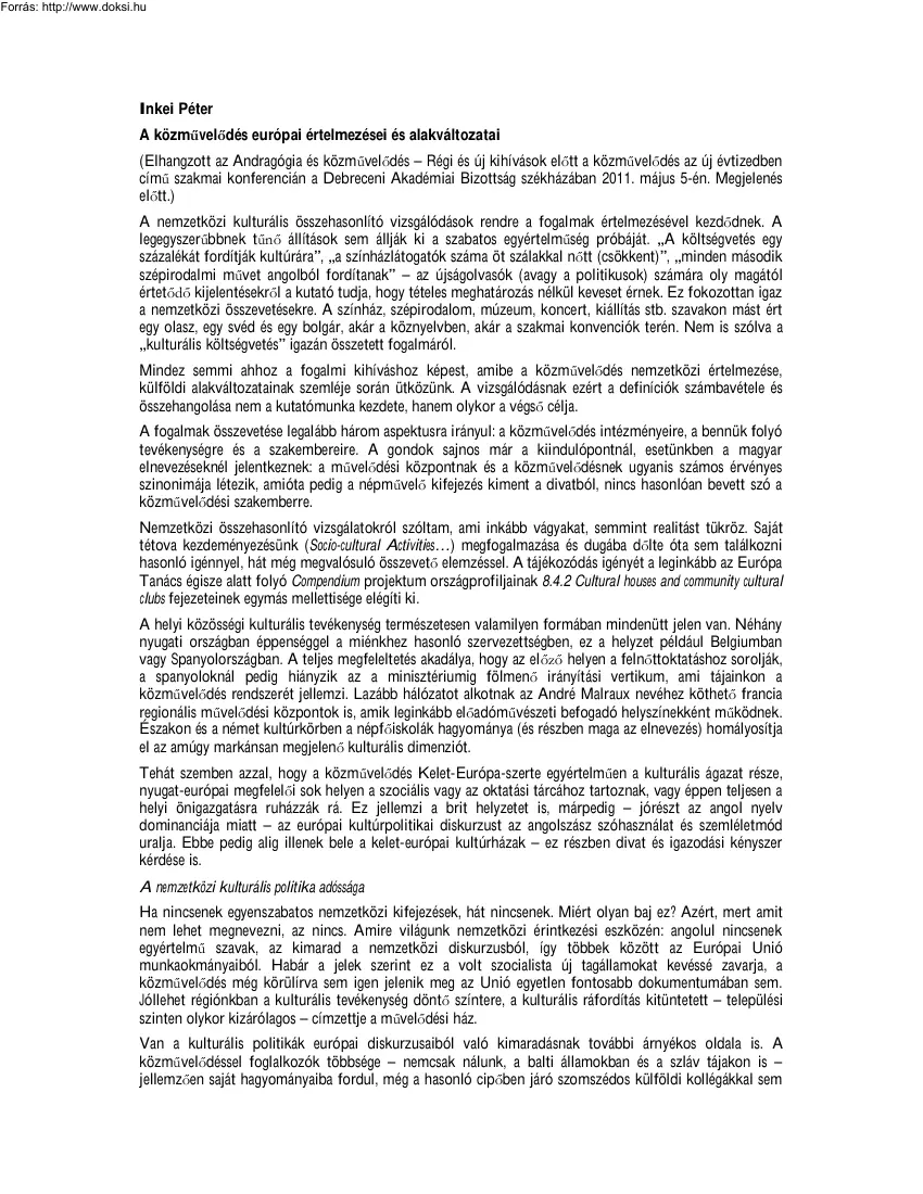 Inkei Péter - A közművelődés európai értelmezései és alakváltozatai