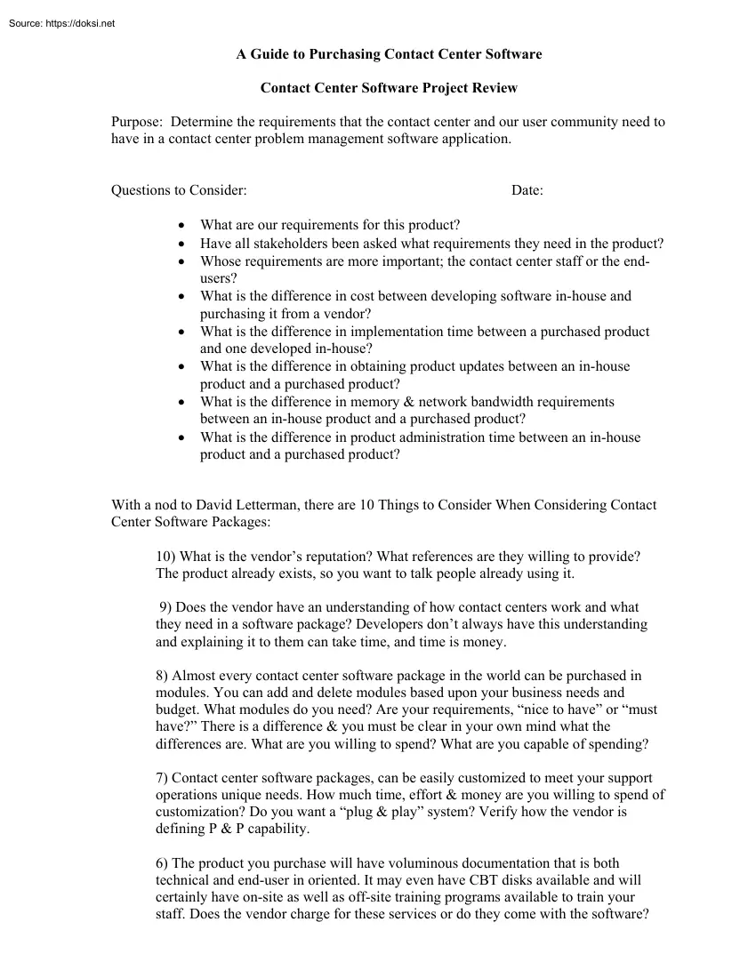 A Guide to Purchasing Contact Center Software, Contact Center Software Project Review