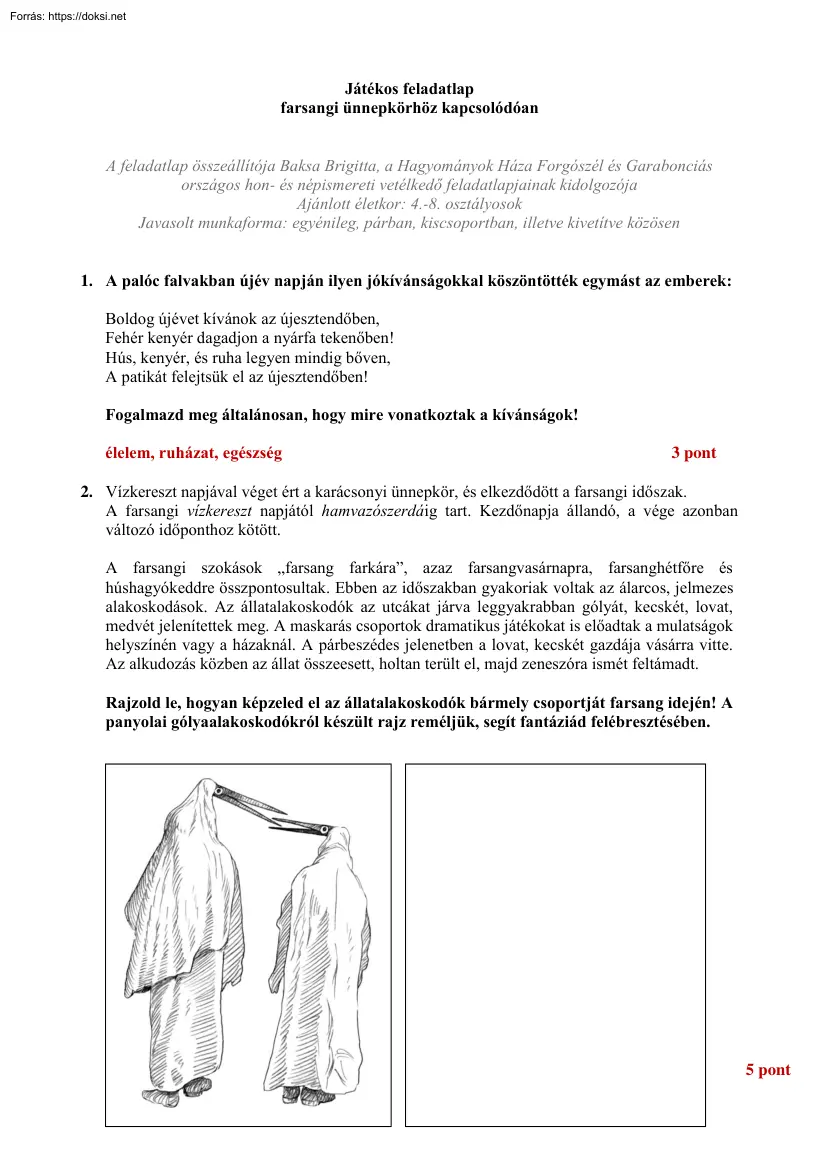 Játékos feladatlap farsangi ünnepkörhöz kapcsolódóan
