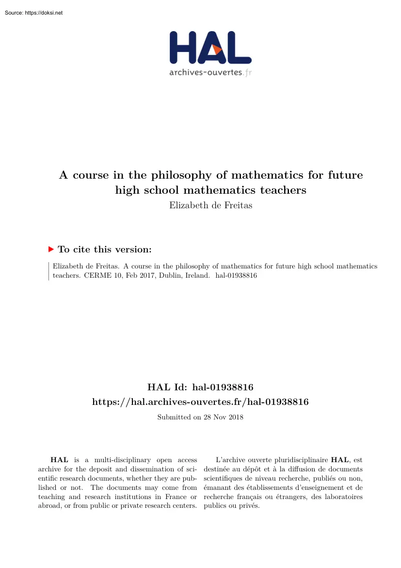 Elizabeth de Freitas - A Course in the Philosophy of Mathematics for Future High School Mathematics
