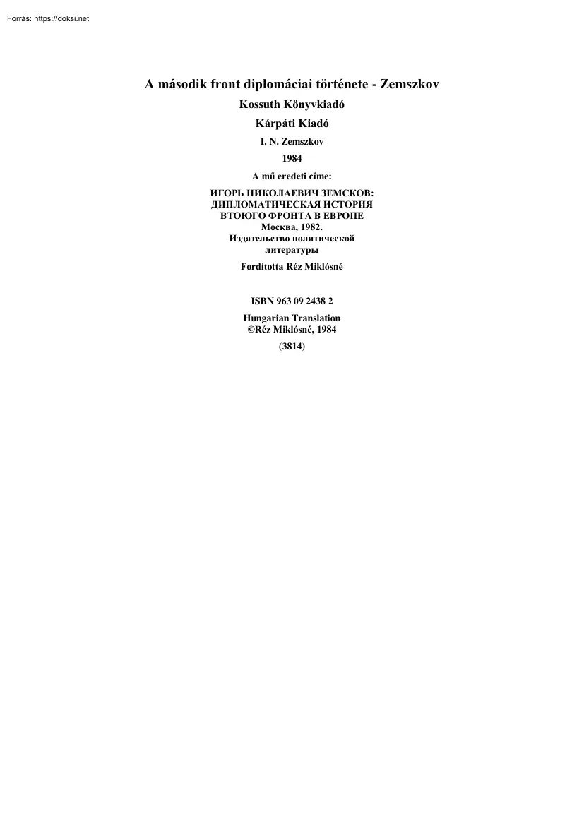 Zemszkov - A második front diplomáciai története