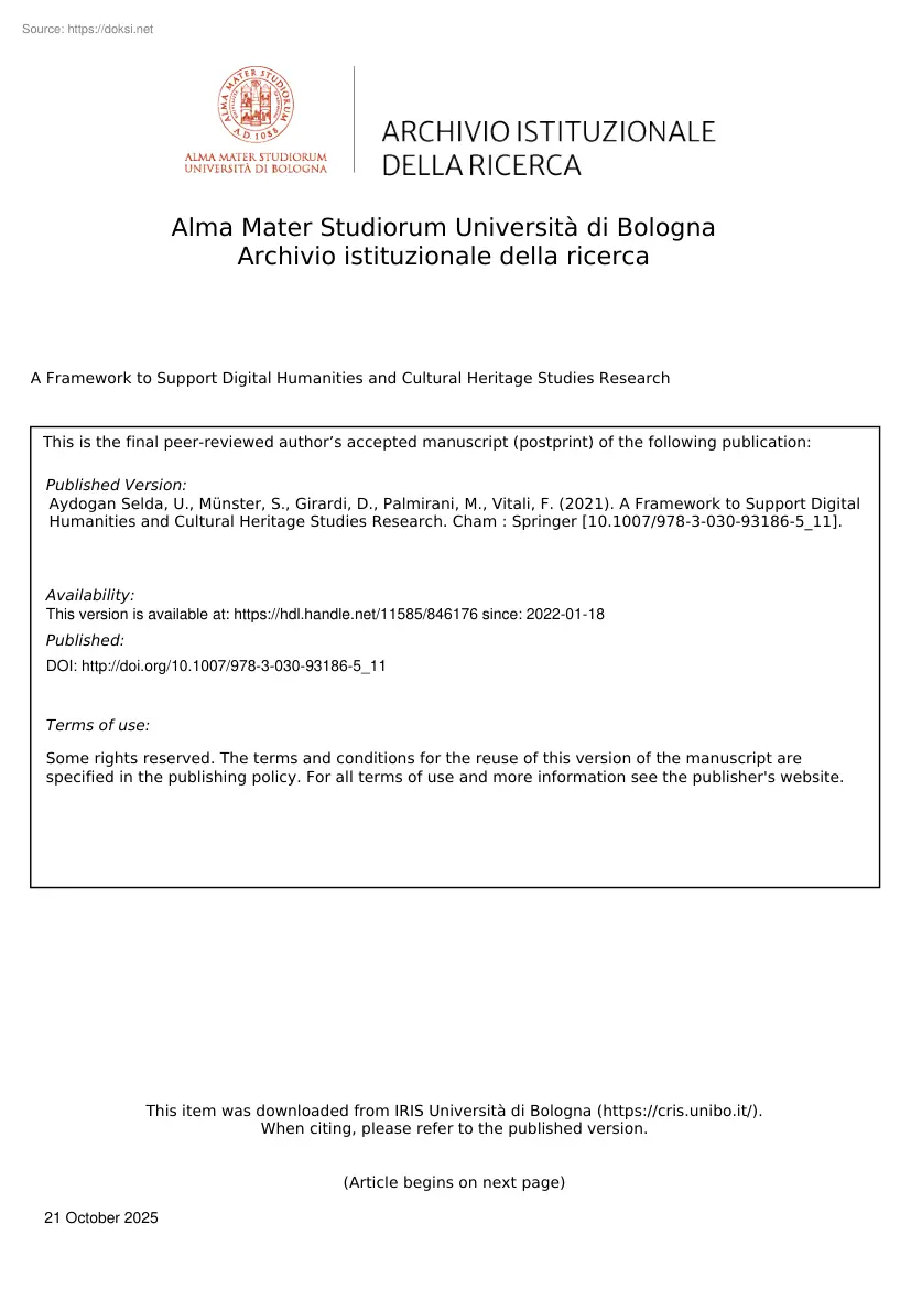 A framework to support digital humanities and cultural heritage studies research