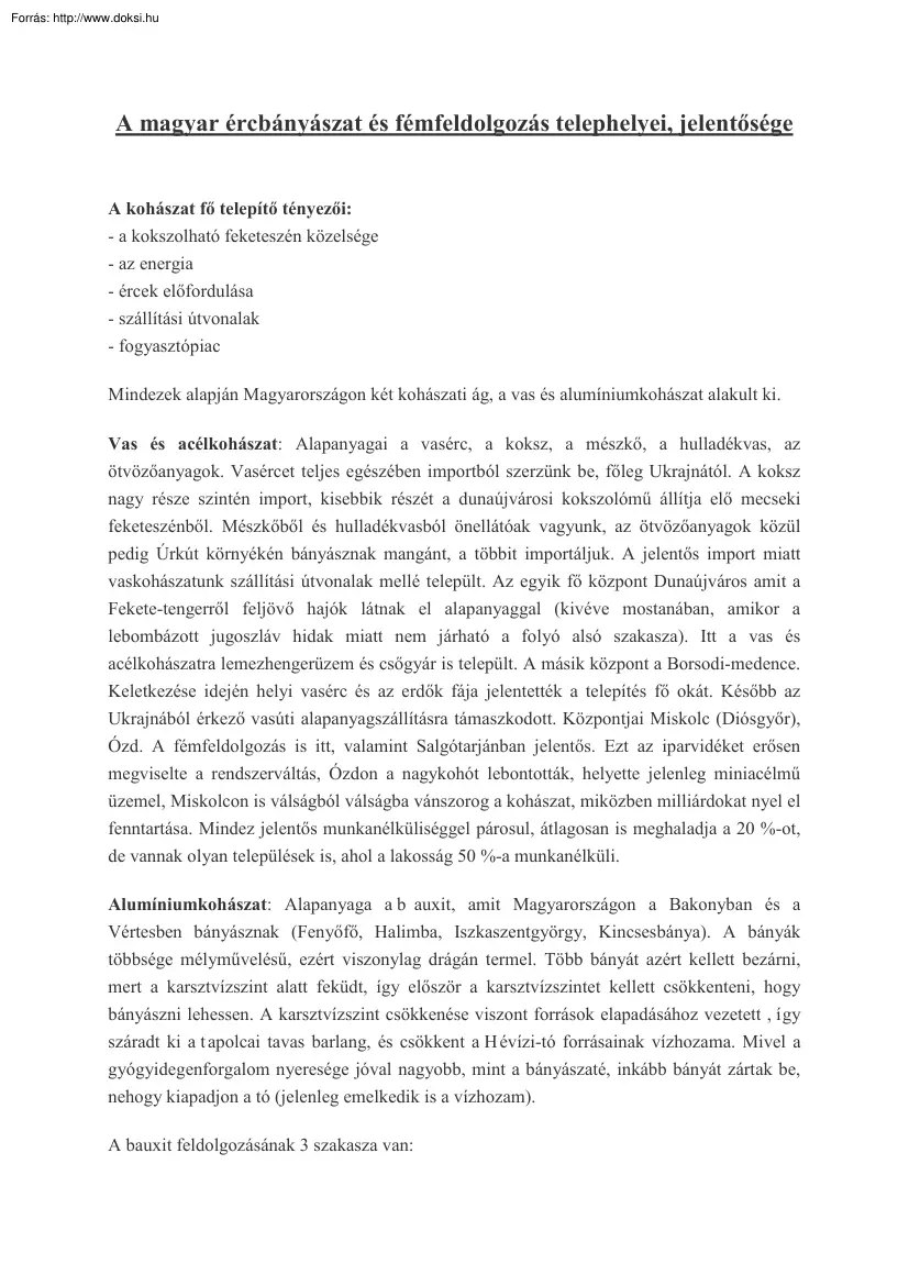 A magyar ércbányászat és fémfeldolgozás telephelyei, jelentősége
