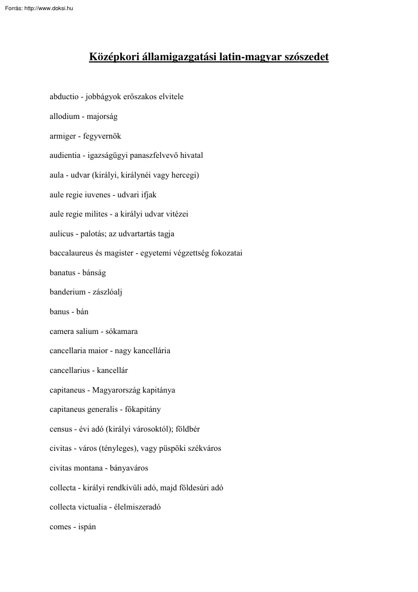 Középkori államigazgatási latin-magyar szószedet