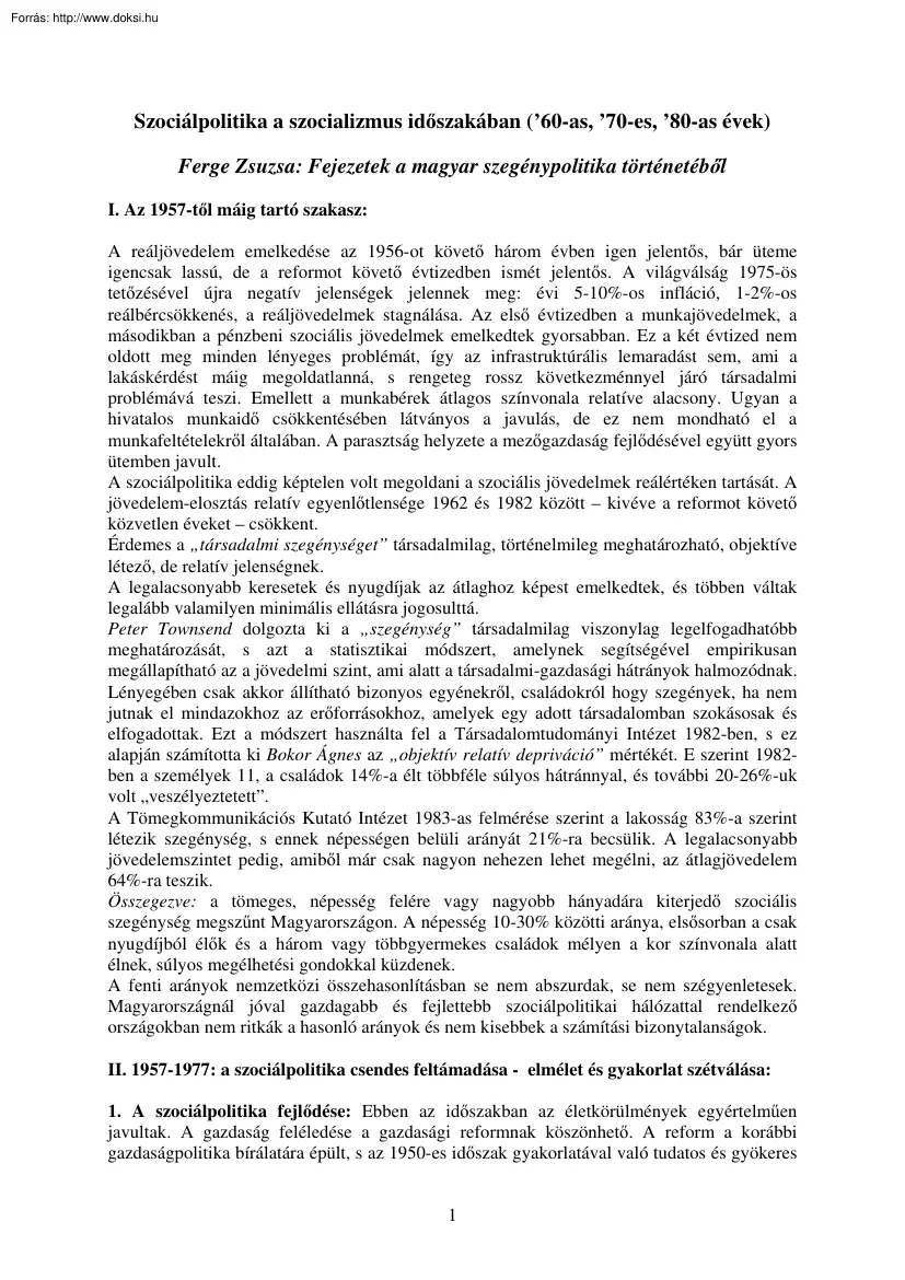 Ferge Zsuzsa - Szociálpolitika a szocializmus időszakában