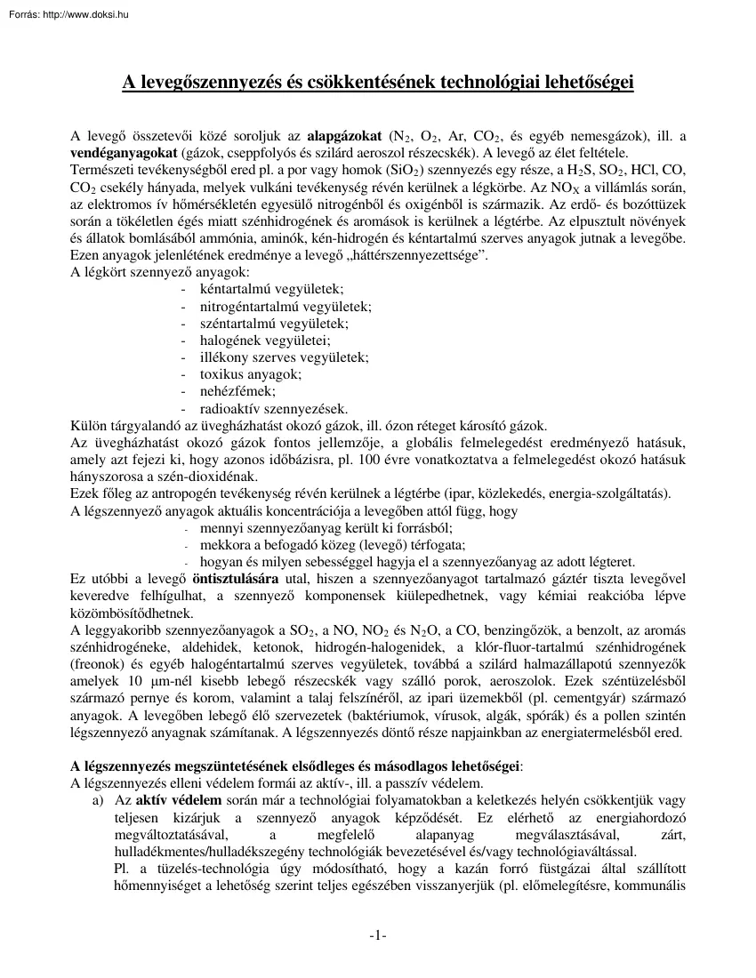 A levegőszennyezés és csökkentésének technológiai lehetőségei