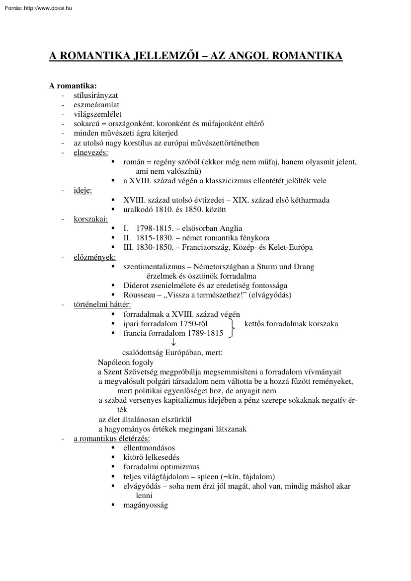 A romantika jellemzői, az angol romantika