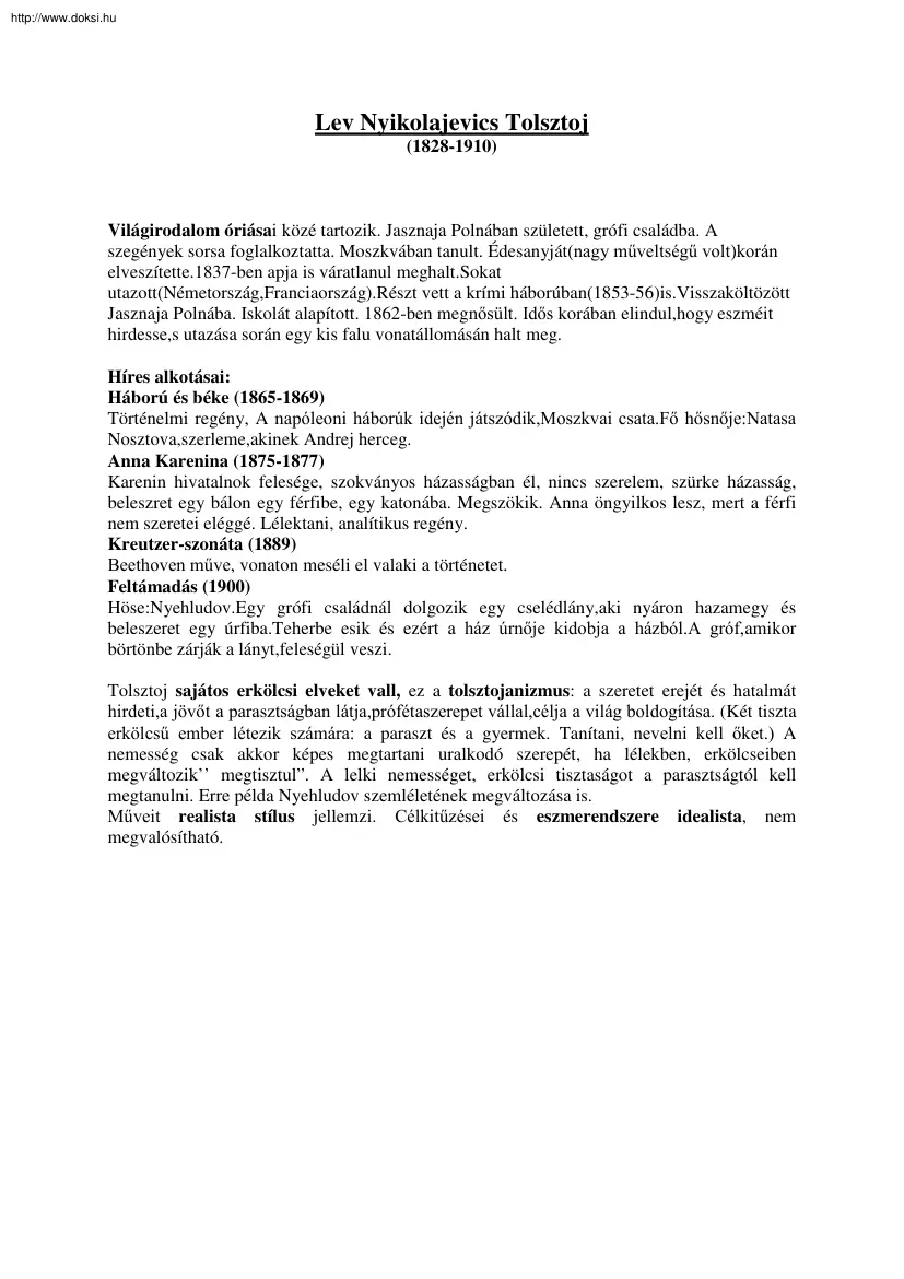 Lev Nyikolajevics Tolsztoj és főbb műve